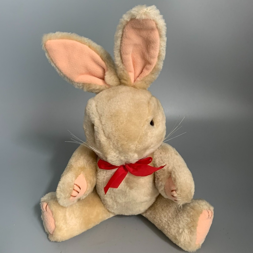 Vintage '90 Chadwick-Miller Tan Plush Bunny Rabbit Red Bow Easter Stuffed Animal